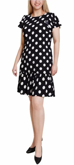 Black White Polka Dot Ruffle Hem Dress Size Medium Retro Chic Mini Dress M thumbnail 1