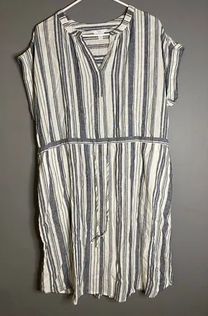 Time & Tru Striped Linen Blend Dress Pockets Coastal Nautical Cottagecore L thumbnail 1