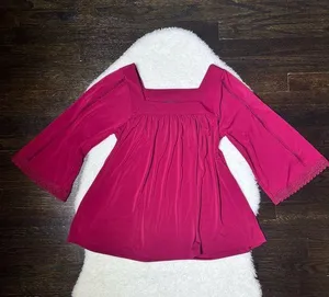 NWT Ann Taylor Petite Burgundy Red Bell Sleeve Square Neck Lace Blouse thumbnail 1