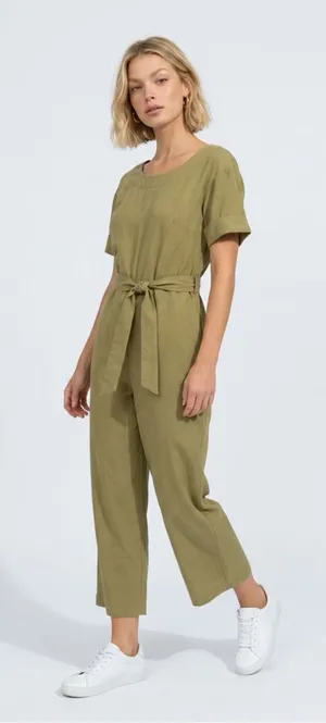 Everlane Olive Short-Sleeve Tie-Waist Jumpsuit thumbnail 1