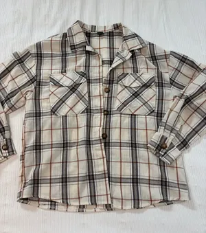 Cream Plaid Button-Up Shirt with Chest Pockets thumbnail 1