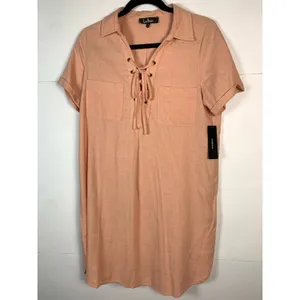 Lulus Dress M NWT Blush Pink Linen Blend Lace Up Shift Midi Pockets Resort thumbnail 4