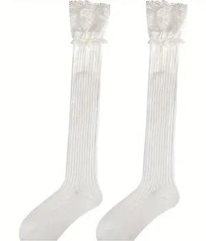 White Lace Top Thigh High Sock-Stockings Sweet JK Style‎ Slim Fit Over The Knee thumbnail 1