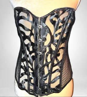 Black ornate leatherette design vintage steam punk style corset with mesh back thumbnail 4