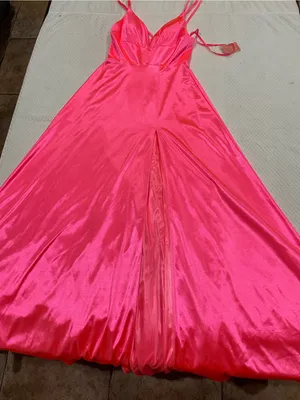 CINDERELLA DIVINE Satin V-Neck Spaghetti Strap Maxi Dress in Hot Pink thumbnail 2