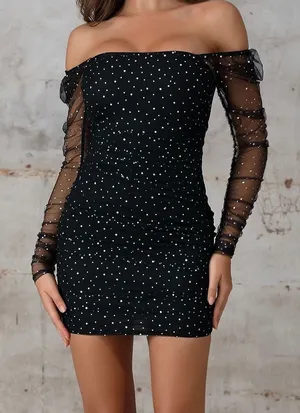 Double Crazy Off Shoulder Rhinestone Detail Mesh Bodycon Dress Size Small thumbnail 1