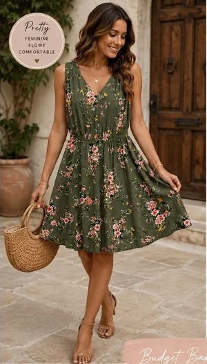 Old Navy Olive Green Floral Sleeveless V-Neck Elastic Waist A-Line Dress Large thumbnail 1