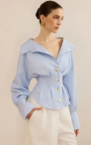 Commense Blue and White Striped Collared Shirt with Waist-Cinching Design Small NWT thumbnail 1