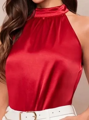 SheIn Amorya Solid Halter Neck Ruched Elegant Satin Blouse thumbnail 2