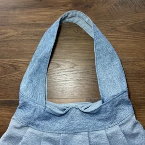 Denim Purse Tote Bag Light Wash Jean Lined Clasp Hobo Travel Inner Pocket Pleats thumbnail 3