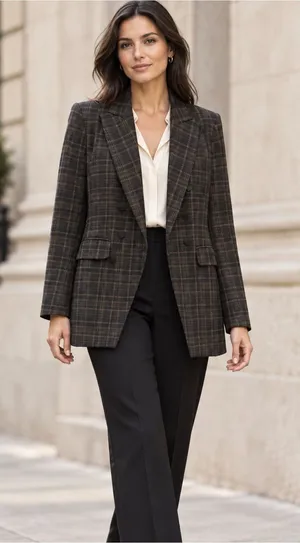 Rachel Zoe Plaid Double Breasted Longline Blazer Charcoal Brown Workwear thumbnail 1