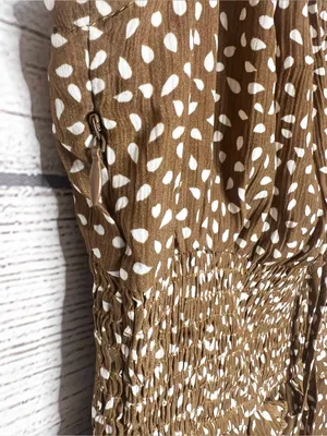 Brown & White Polka Dot Smocked Sleeveless Mini Dress with Ruffle Hem Size Small thumbnail 7