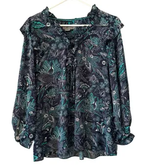 Anthropologie Maeve Floral Button Up Blouse Boho‎ Size L Pleated Ruffles Peasant thumbnail 1
