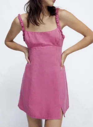Zara M Pink Linen Blend Mini Dress Square Neck Braided Strap Coastal Y2K thumbnail 1