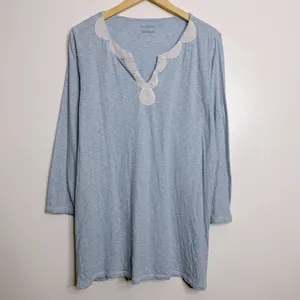 Talbots Cotton Tunic Beaded Neckline White/Blue Striped Large‎ Coastal Casual thumbnail 2