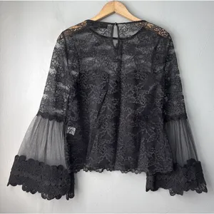 Black Lace Top Size 4 Small Dark Coquette Sheer Witchy Vamp Bell Sleeve Retro thumbnail 5