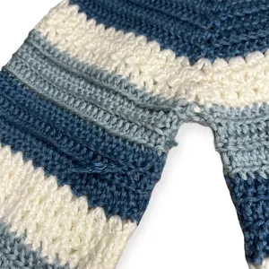 Blue White Crochet Y2K Striped Sweater Flare Sleeve Handmade XS Small‎ Winter thumbnail 4
