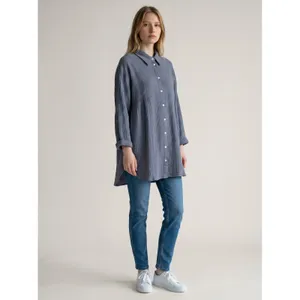 Zara‎ Slate Blue Grey Textured Cotton Gauze Button Down Shirt Dress Oversized M thumbnail 3