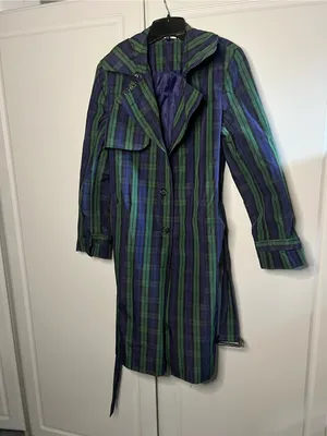 Vintage Jeffrey Banks Plaid Trench Coat Longline Belted Green Purple Size M thumbnail 5