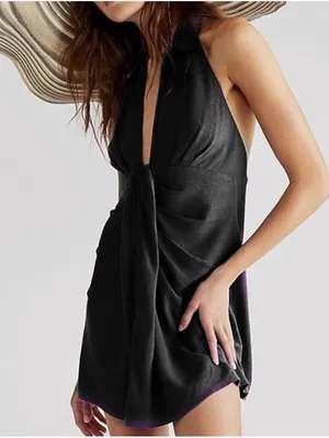 Free People In Her Element Black Halter Mini Dress Linen Blend Small thumbnail 1