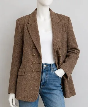 H&M Womens Blazer Brown Herringbone Tweed Double‎ Breasted Academic 6 thumbnail 1