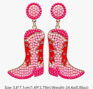 Beaded Cowgirl Boot Glitter Rhinestone Western Vibrant Pink Beaded Earrings thumbnail 2