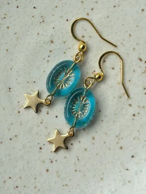 Handmade retro vintage cute whimsical style quality Czech glass beads unique dangle earrings🩵 thumbnail 4
