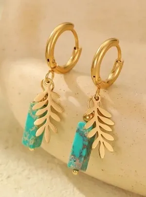 Turquoise Stone Leaf Charm Hoop Earrings Gold Tone Stainless Steel Boho thumbnail 1