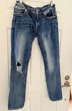 Miss Me Distressed Skinny Jeans in Blue Wash thumbnail 1
