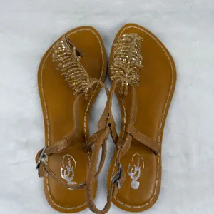 GC Shoes Andrea Beaded T-Strap Slingback Sandals Tan Gold Womens Size 7 Flat‎ thumbnail 5