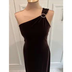 Patra Chocolate Brown Velvet One Shoulder Formal Dress Old Hollywood Elegant thumbnail 2