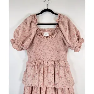 Hyacinth House Womens Dress Beige Mini Floral Smocked Ruffle Puffed A Line Large thumbnail 6