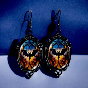 Vintage Cameo Style Gothic Bat Earrings‎ Glass Encased Alloy & Iron Hook thumbnail 2