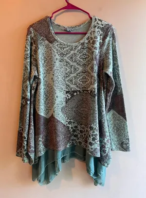 Tempo Paris Patchwork Asymmetrical Tunic Top | Sage Green Floral Layered Boho thumbnail 1