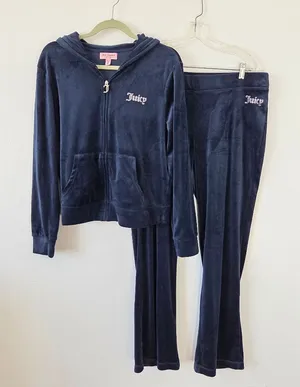 Juicy Couture Velour Tracksuit Navy Blue XL Velvet Plush Zip Lounge Set Y2K 90s thumbnail 1
