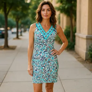 Tracy Negoshian Womens Dress Size XS Teal White Print Tank Bright Bold Preppy‎ thumbnail 2