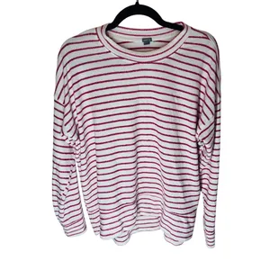 Aerie Small Red White Textured Striped Oversized Drop Shoulder Sweatshirt thumbnail 2