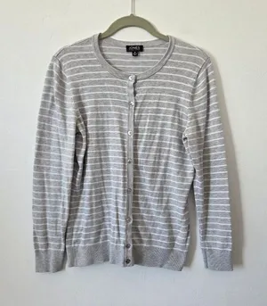 Jones New York Gray Striped Cardigan Sweater Gold Buttons Preppy Old Money M thumbnail 1
