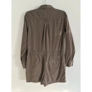 Lands End Jumpsuit Womens 8‎ Brown Linen 3" Shorts Utility Long Sleeve Romper thumbnail 2