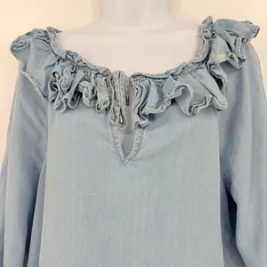 Lauren Ralph Lauren Chambray Womens Top Sz M Ruffle Peasant Boho Coastal Cottage thumbnail 3