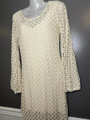 Free People Sweater Dress Womens Medium White Crochet Bell Sleeve Boho Mini thumbnail 5