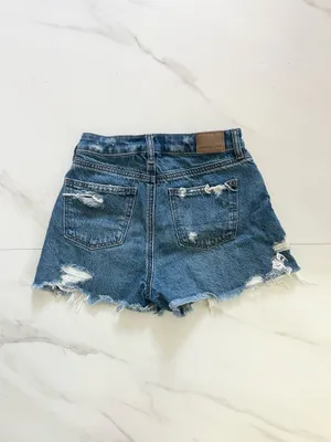 Women’s American Eagle Blue Denim High-Rise Ripped Mom Short - 00 thumbnail 2