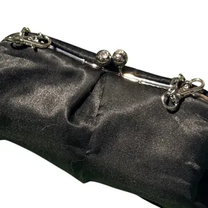 Nine West Black Satin Pleated Evening Clutch Rhinestone Kiss Lock Chain Strap thumbnail 3