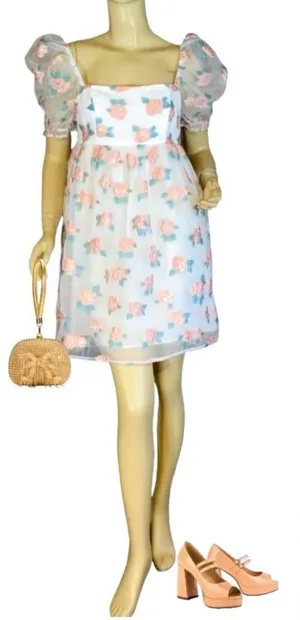 Altar'D State White W/Peach & Green Floral Print Organza Baby Doll Dress (M) thumbnail 1
