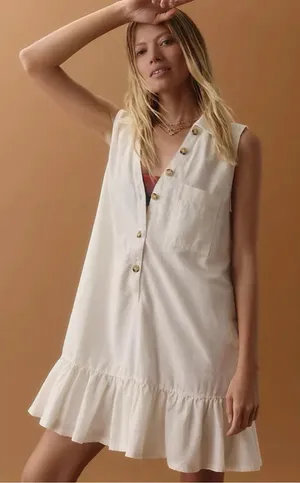 Anthropologie Pilcro Sleeveless V-Neck Linen Flounce Mini Dress XL Coastal Boho thumbnail 1
