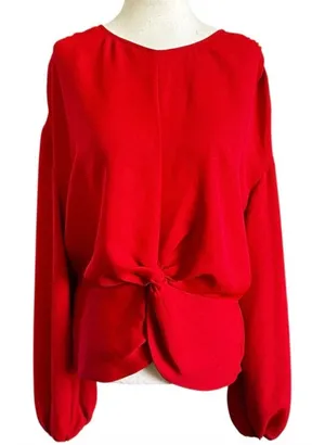 Express Womens Red Front Knot Bishop Sleeve Peplum Blouse Large Solid | 0147 thumbnail 1
