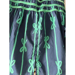 Umgee‎ Navy Blue Green Bow Print Cotton Midi Dress Medium Puff Sleeve thumbnail 10