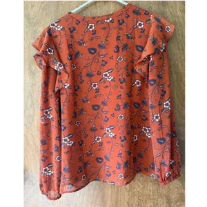 Loft sz M Ruffled Sheer Rust Red Floral Embroidered Crochet Blouse Top Bohemian thumbnail 3