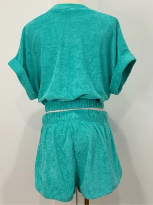 Elan Terry Cloth Matching Set Crop Top Shorts Teal Small Medium Beachy Resort thumbnail 3