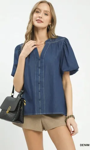 Umgee‎ Denim Button Front Puff Sleeve Boho Blouse - Large thumbnail 1